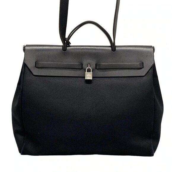 Auth HERMES Her Bag MM - Black Toile Officier Box Calf Square H Handbag - Picture 2 of 16